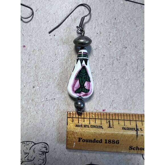VTG 90s 925 Silver Hand Painted Fish Tribal Drop Earrings Fertility Luck Protect - Picture 7 of 9